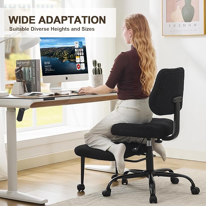Ergonomic Criss Cross Legged Office Chair, ADHD Chair, Wide Height Adjustable Seat 360° Swivel Footstool with Wheels, PU Leather Meditation Kneeling Chair, for The Restless Home Workers, Black
