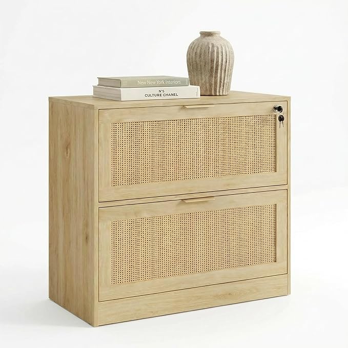 Lateral File Cabinets for Home Office, 2 Drawer Filing Cabinet with Lock, Wide Rattan Filing Organization Storage Cabinets with Printer Stand for Hanging Files/Letter/Legal/A4/F4 Size, Natural Wood