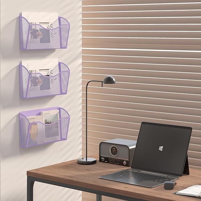 EasyPAG Wall File Organizer, Metal Mesh Hanging File Folder Holder for Letter/A4 Size Folders, Vertical Wall Mount Mail Sorter for Office Paperwork, Classroom, Purple