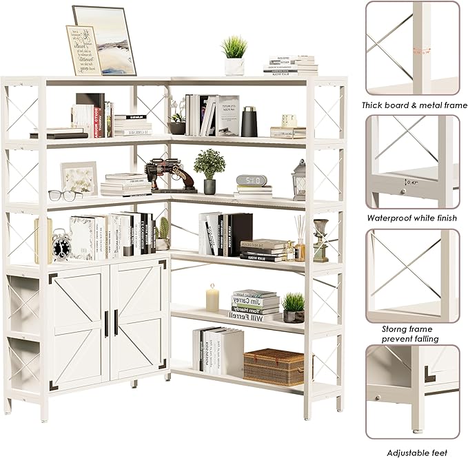 Wildhome 6-Shelf Corner Bookshelf, Vintage Industrial Corner Shelf Etagere Bookcase, Large Book Shelf with Metal Frame Open Storage Corner Cabinet (White-Lockers, Large)