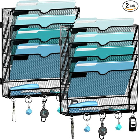 2 Pack 5 Tier Wall File Organizer - Hanging File Organizer with 5 Hooks, Mail Holder Wall Mounted for Papers, Folders, Magazines, Bills, Office&School Organization, Black