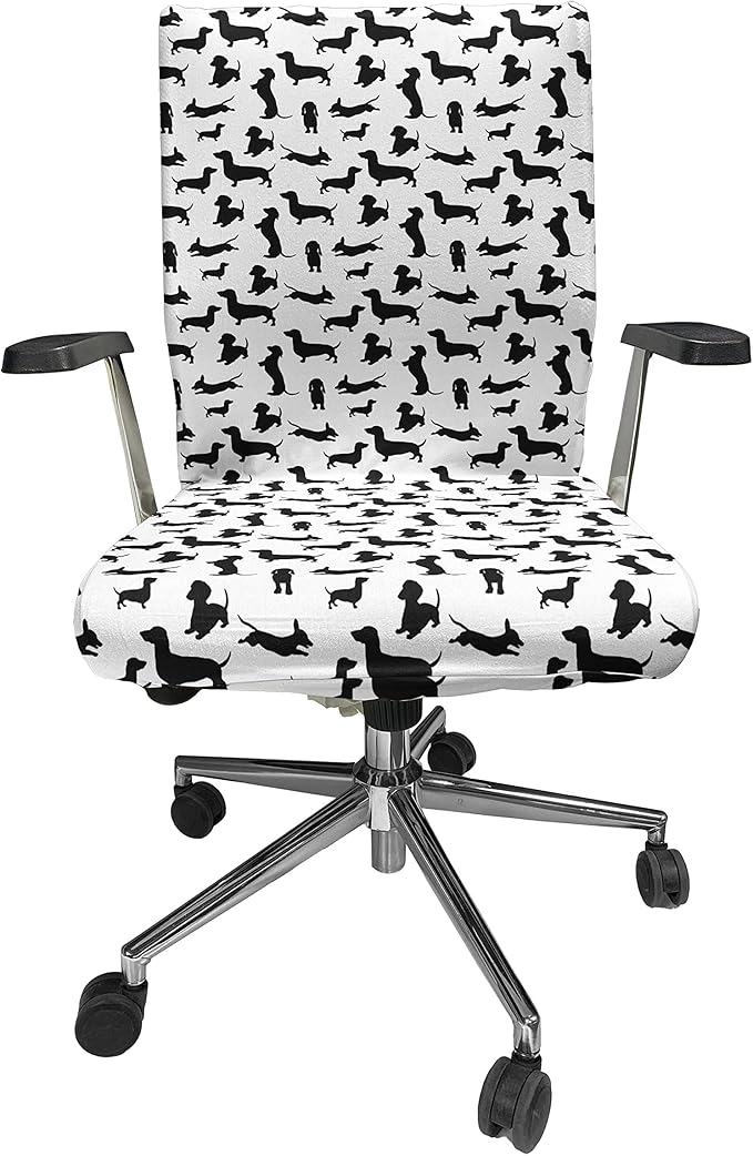 Ambesonne Dog Lover Office Chair Cover, Monochrome Dachshunds Numerous Stances Active Life Pet Canine Abstract Image, Stretchable Decorative Universal Size High Back Printed Slipcover, Black and White