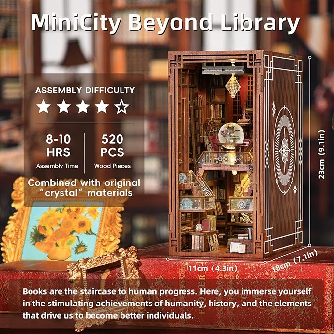 MiniCity Book Nook Kit, DIY Miniature Dollhouse Booknook Kit, 3D Wooden Puzzle Bookend Bookshelf Insert Decor with LED Light for Teens and Adults (Beyond Library)