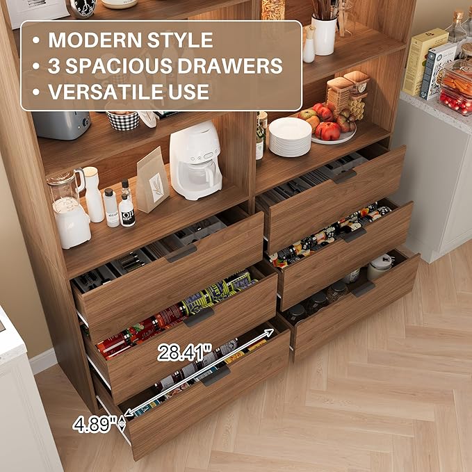 Mekminop 2 Piece Tall Bookcase Storage Cabinet with LED Lighting, Wooden Bookshelf with Drawers and Shelves, Storage Bookshelf for Living Room,Home Office,Walnut