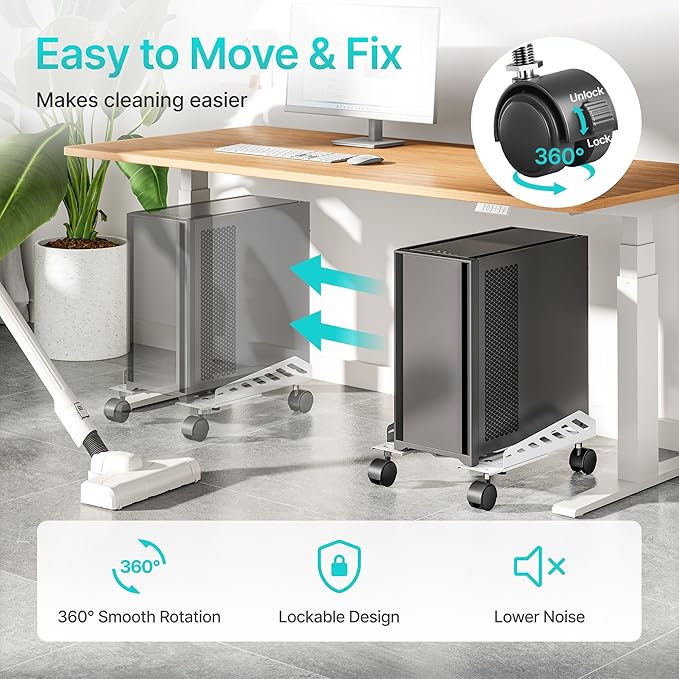 PEGZONE Adjustable PC Stand for Floor(400-510mm D, 160-300mm W), PC Tower Stand with 4 Caster Wheels, Ventilated Under Desk CPU Cart Holder for Office, Gamers, White