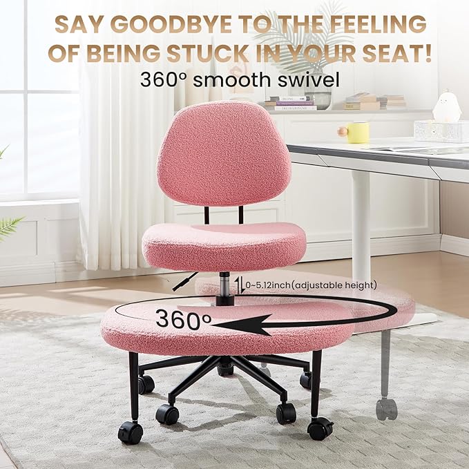 Criss Cross Chair Armless Office Chair for Cross Legged Sitting, 300lb Heavy Duty Ergonomic Desk Chair for ADHD, Adjustable Meditation Yoga Kneeling Chair with Brake Wheels for Home Office (Pink)