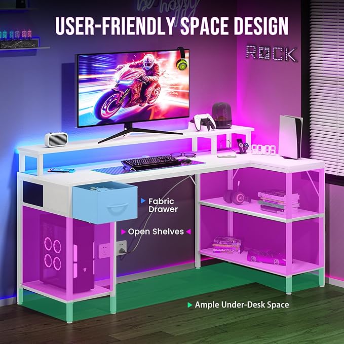 DUMOS 47” Gaming Desk with USB Charging Ports & LED Lights, Reversible L Shaped Desks Computer Corner Gamer Table with Power Outlets Monitor Stand Storage Shelves for Home Office Small Space, White