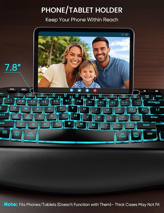 SABLUTE MA22 Pro Wireless Keyboard and Mouse Combo - Ergonomic Wave Keyboard with Soft Leather Wrist Rest, Phone Holder, Rechargeable, RGB Backlit Mouse, Full-Size Set for Windows/Mac/Computer
