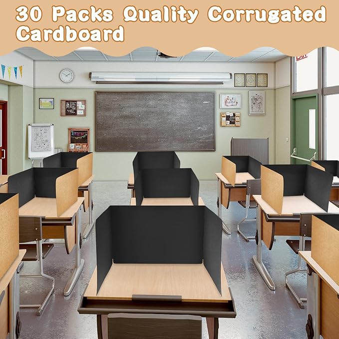 Gueevin 30 Pcs Classroom Desk Dividers for Students Test Privacy Folders for Better Focus Overall Size 13" x 20" x 17" School Testing Study Cardboard (Brown,Black)