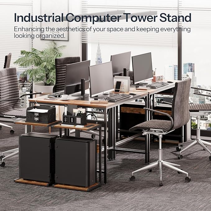 HOOBRO Computer Tower Stand, PC Stand with Charging Station, 2-Tier PC Tower Stand with Locking Caster Wheels, CPU Stand Fits Most PCs, PC Stand for Floor, for Home Office Rustic Brown BF01UCJ01G1