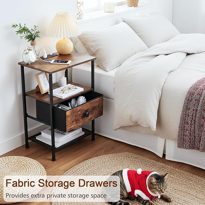 LOAKEKEL Night Stand Set 2, Nightstand with Charging Station, End Tables Living Room with Fabric Drawer for Small Spaces, Bed Side Tables with Storage Shelf for Bedroom, Rustic Brown HETS010PBR