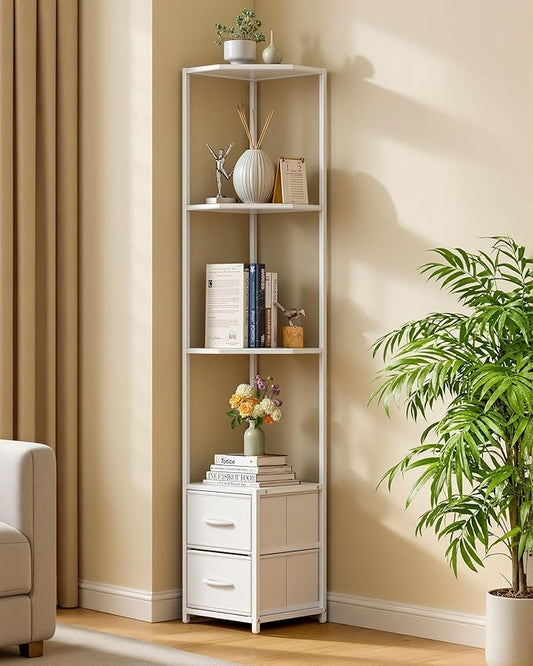 Housolution Corner Shelf Stand with Storage, 63.4'' Tall 6-Tier Corner Bookshelf Includes Fabric Drawers, Freestanding Corners Storage Shelf for Living Room Bedroom Kitchen Bathroom (White)