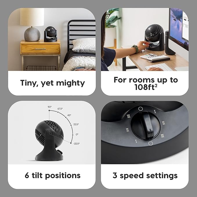 IRIS USA WOOZOO Mini Desk Fan, Air Circulator, 3 Speeds, 32ft Max Air Distance, 108ft² Coverage, 112° Adjustable Vertical Tilt, 27db Quiet Motor, Small Fan for Bedroom, Office, Dorm, Black (HE10N)
