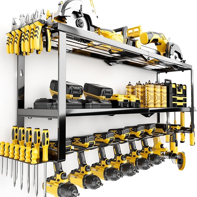 Power Tool Organizer Wall Mount Loads 300 lbs，Heavy Duty Metal 3 Layers Extra Tall Storage Rack with 8 Drill Holders & Battery Storage，Cordless Utility Tool Shelf for Garage, Workshop
