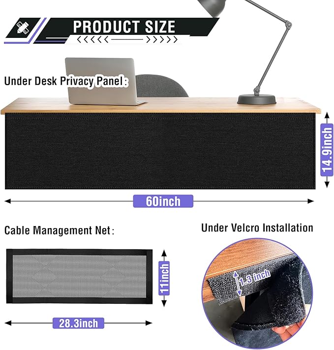 14.9 x 60 Inch Under Desk Privacy Panel with Cable Management Net Desk Skirt Modesty Desk Panel Self-Gripping Straps for Office and Home