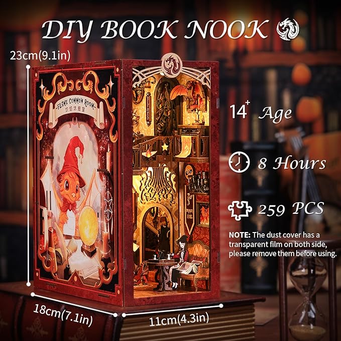 Fsolis Book Nook Kit, DIY Miniature Room House Kit 3D Wooden Puzzle for Adults Bookshelf Booknook Decor Gifts for Women Book Lovers (Flam Common Room)