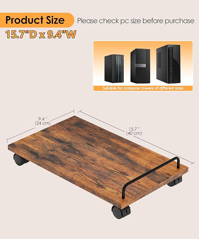 Akxomel Mobile CPU Stand, Computer Tower Stand with 4 Caster Wheels, Under Desk PC Cart for Floor, Industrial PC Tower Holder for Carpet, for Office, Rustic Brown