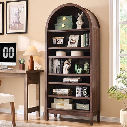 IFGET 71" Tall Arched Bookshelf, 7 Tiers Arch Bookcase with Storage, Modern Farmhouse Book Shelf with Adjustable Shelves, Wood Bookshelf w/Open Display Shelves for Living Room, Office (Brown)