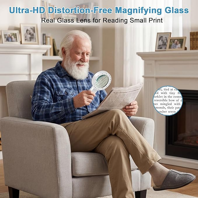 Nazano Magnifying Glass with Light, Ultra-Clear Lightweight Handheld Reading Magnifier with 12 LEDs, Distortion-Free Optical Lens for Seniors, Macular Degeneration, Close Work, Coins & Pill Bottles