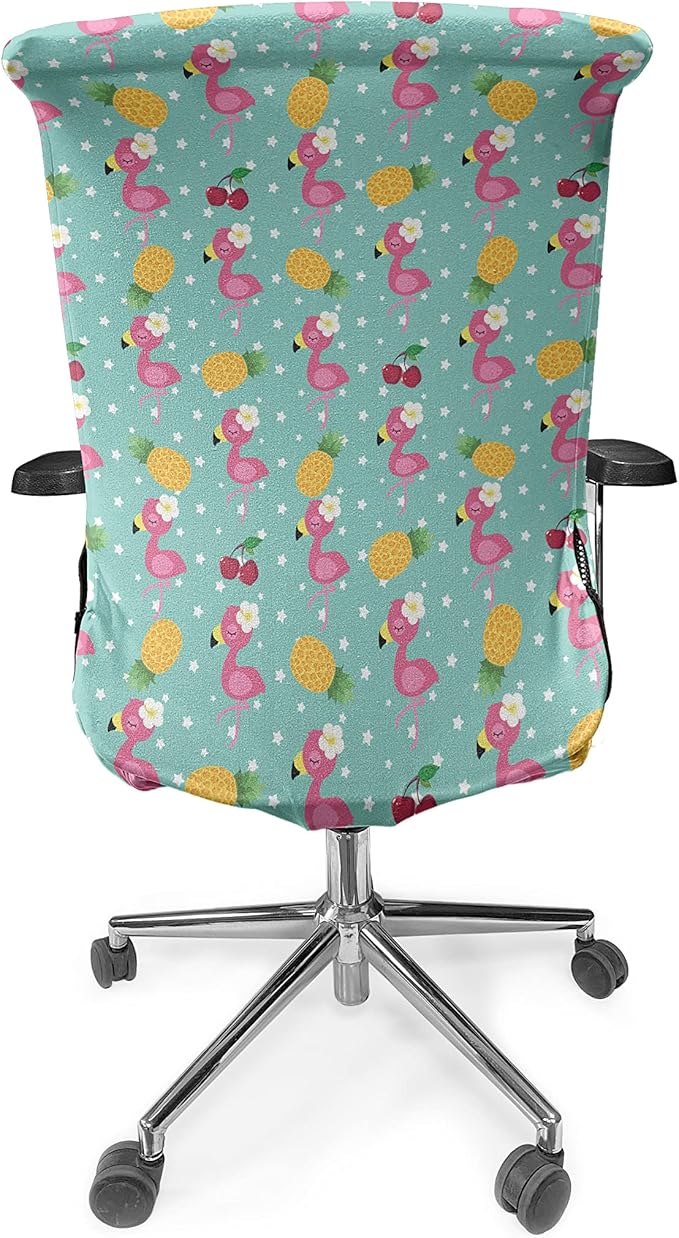 Ambesonne Cartoon Office Chair Cover, Exotic Flamingos Pineapple and Cherry Branches on Stars Backdrop Print, Stretchable Decorative Universal Size High Back Printed Slipcover, Teal Pink