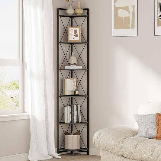 6 Tier Corner Shelf Stand, 78" H Tall Industrial Corner Bookshelf for Living Room Decor, Metal Corner Shelf, Plant Stand Display Shelf for Bedroom, Bathroom, Small Space, Black