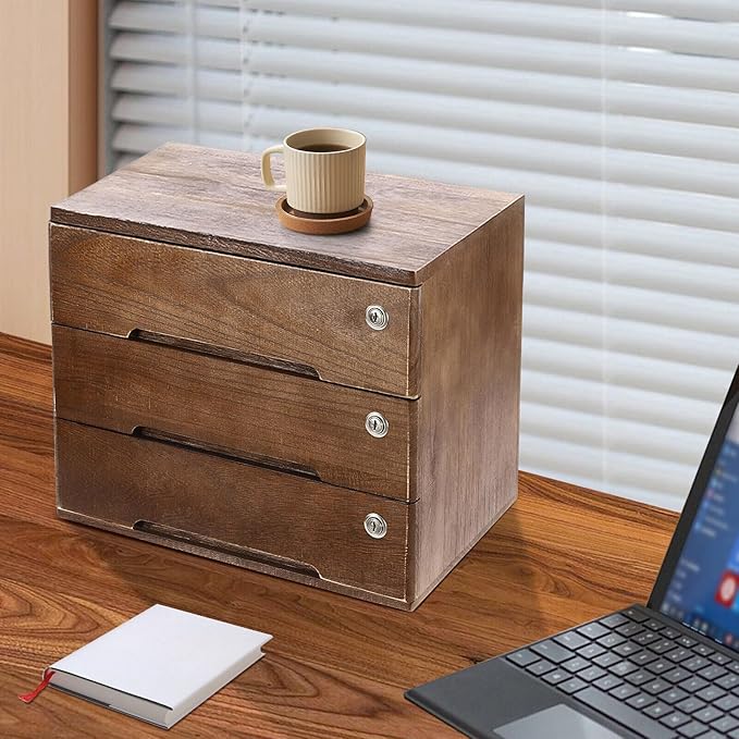 Wooden Desk Organizer with Drawers & Lock, Desktop Countertop Storage Cabinet Lockable Home Office Supplies File Tabletop Organizing Unit (3 Drawer - Retro Walnut)