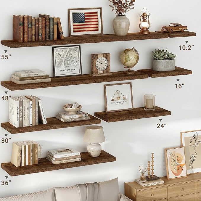 Vivelove 10 Inch Deep Floating Shelves 36 inch Long, 36 x 10 Wide Wall Shelves with Invisible Brackets, for Bedroom Bathroom Living Room Kitchen Office, Farmhouse Home Decor, Set of 2, Rustic Brown