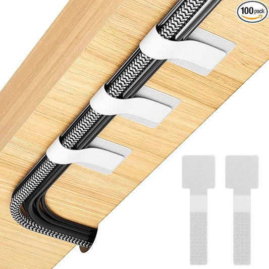 100Pcs Cable Straps Hook and Loop Cable Ties - Cable Holder for Desk Cable Management Under Desk - Computer Cord Organizer for Home Office Gaming Setup - White