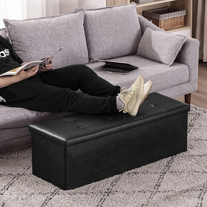 YOUDENOVA Folding Storage Ottoman, Faux Leather Ottoman Bench Footrest Ottoman, Storage Chest Padded Seat for Bedroom and Living Room, Black,15" D x 43" W x 15" H
