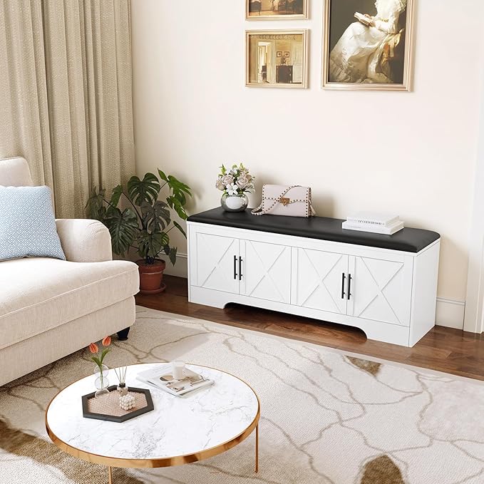 DreamDashio Farmhouse Storage Bench with Lift Top Storage, 47.2" Entryway Bench with Cushioned Seat, End of Bed Bench, Wooden Storage Chest Trunks, for Entryway, Bedroom, Living Room,White
