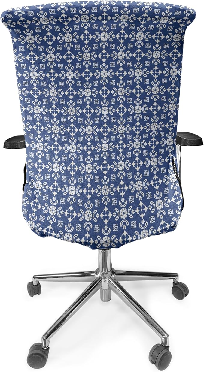 Ambesonne Folk Art Office Chair Cover, Talavera Tile Like Pattern Along Floral Ornaments and Abstract Forms, Stretchable Decorative Universal Size High Back Printed Slipcover, Azure Blue