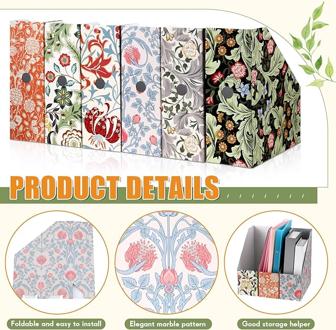 PerKoop 12 Pcs Decorative Magazine File Holders Floral Foldable File Folders Magazine Storage Boxes Rack Desk Organizer Documents with Printable Labels for School Office Home (Floral)