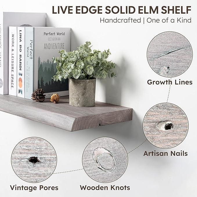Live Edge Floating Shelves Set of 2, 32 Inch Solid Elm Wood Wall Shelves - Invisible Bracket Mount for Living Room, Bedroom, Kitchen, Bathroom | Weathered Gray