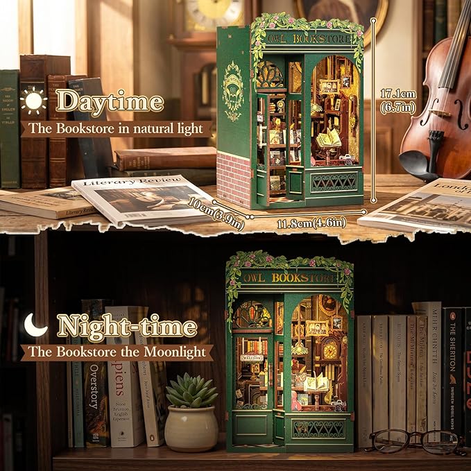 Fsolis Book Nook Kit, Booknook 3D Wooden Puzzles for Adults DIY Bookshop Model Diorama Bookshelf Miniature Kit Mini House Building, Gifts for Book Lovers Readers Book Worms（OWL Bookstore）
