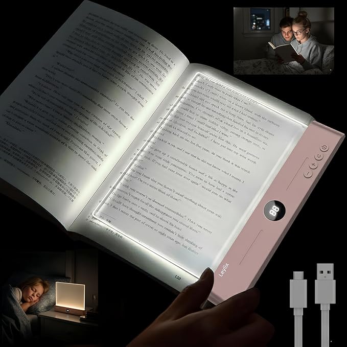 LED Flat Book Light for Reading in Bed, Eye Care Stepless Dimmable Reading Lamp with 1-99 Min Auto-Off Timer, Portable USB Rechargeable 1200mAh Battery for Night Time & Travel (Rose Gold)