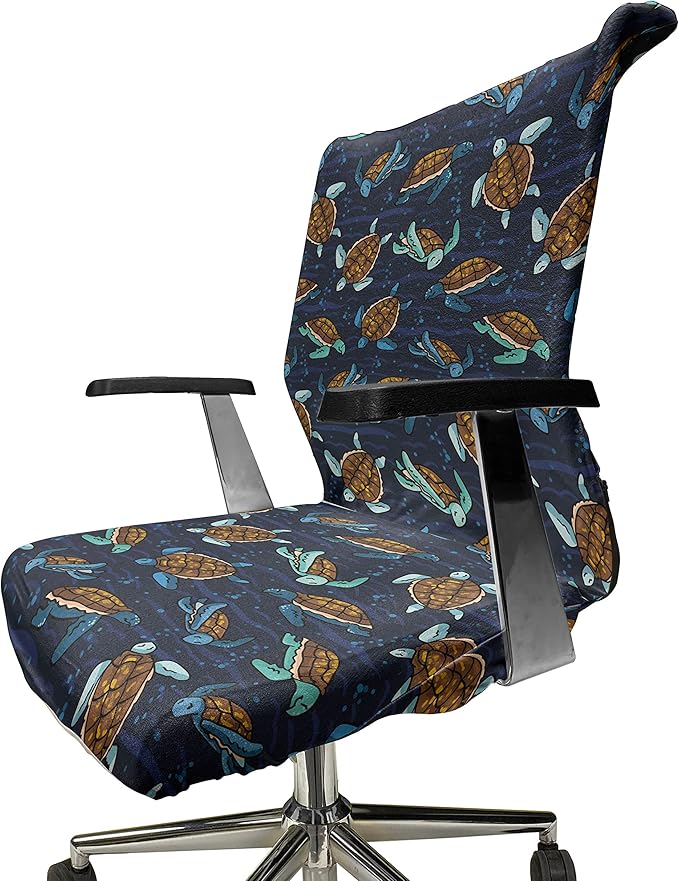 Ambesonne Under The Sea Office Chair Cover, Graphical Layout of Sea Turtles Cartoon Ocean Lifestyle, Stretchable Decorative Universal Size High Back Printed Slipcover, Navy Brown