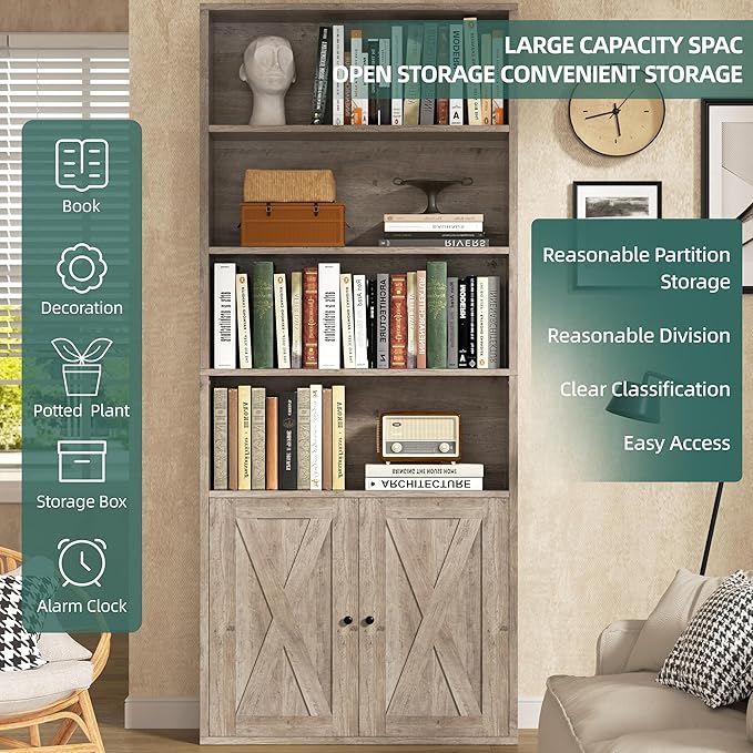 Modern Bookshelf with Doors, Industrial Bookshelves with 6-Tier Shelf, 71 inches Tall Bookcase Display Cabinet with Storage for Home Office, Gray