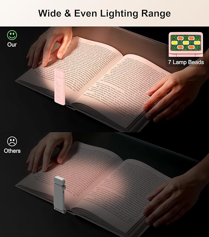 Gritin Book Light Rechargeable, Eye Caring 3-Color & 5-Brightness Clip on LED Reading Light for Books in Bed- Stepless Dimming, Long Lasting, Compact Size Flexible Book Lamp for Bookworms-Pink