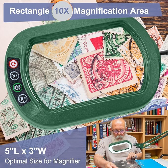 14.35" Large Magnifying Glass with Light and Clamp, Real Glass, 5 Color Modes, Stepless Dimmable, Lighted Magnifier with Stand Hands Free, LED Swing Arm Desk Lamp for Close Work, Craft, Green