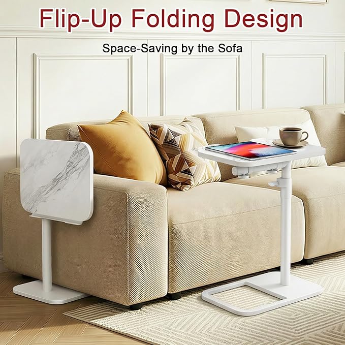 GOYLSER Adjustable Height Sofa C Table, 360° Swivel/180° Flip-Over Panel Side Table with Tablet Slots for Small Spaces, Morden TV Tray Couch Tables for Dinner Eating (White Marble)