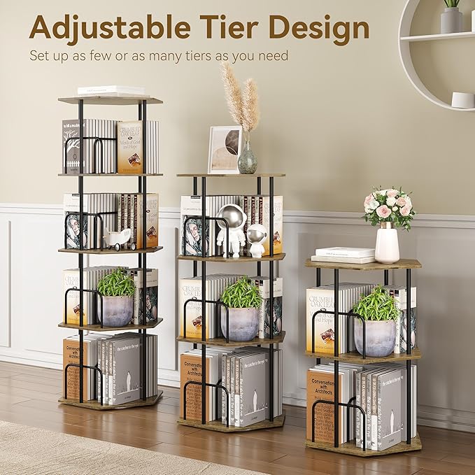SUNMORY 4 Tier Rotating Bookshelf Tower, Revolving 360 ° Spinning Bookcase, Hexagonal Corner Book Shelf Storage Carousel, Vertical Rotate Turning Organizer Book Shelves for Living Room Office Bedroom