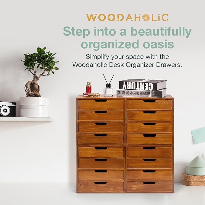 Stackable Modular 4-Pack 16 Drawer Desktop Storage Organizer in Modern Wood Design (20”x7”x 20”) Stackable Drawers For School Office - Crystals, Scrapbook Organization - Declutter Countertop