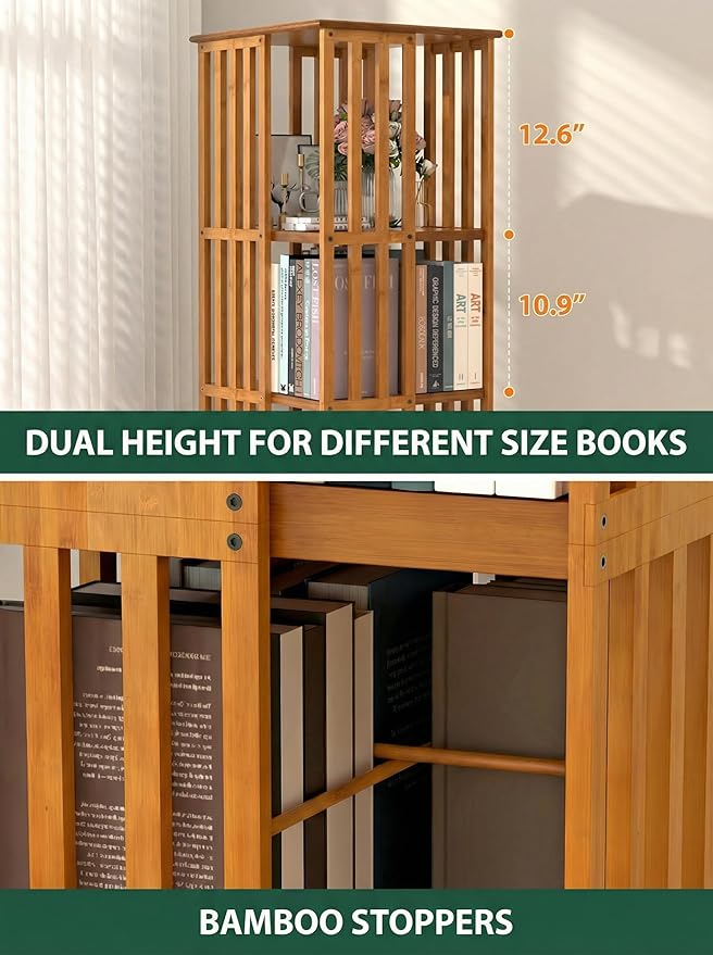 Lauxery Rotating Bookshelf Tower, 6-Tier 360° Bamboo Spinning Bookcase – Narrow Revolving Book Shelf, Floor Standing Space-Saving Storage Book Shelves for Small Space, Corner & Home Office | Walnut