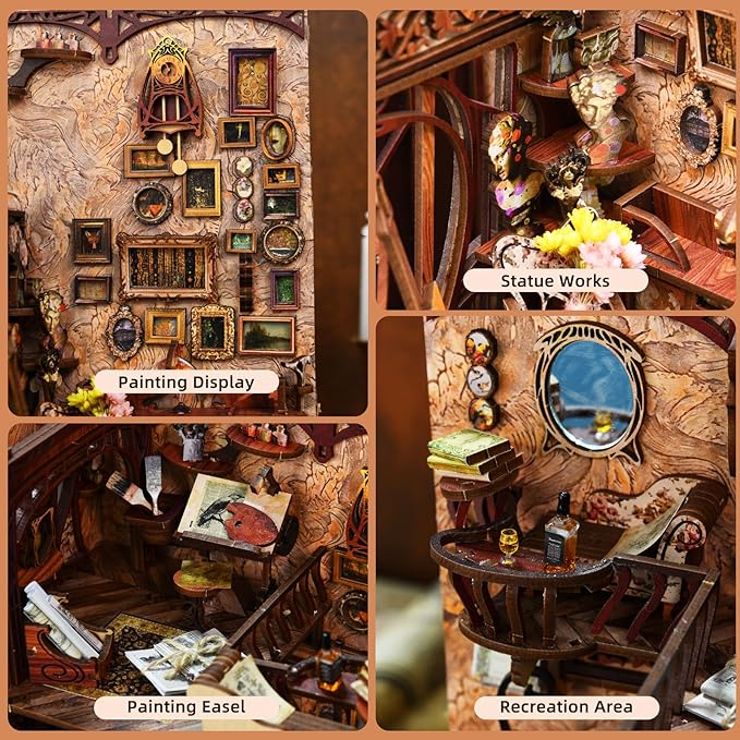 MiniCity Book Nook Kit, DIY Miniature Dollhouse Booknook Kit, 3D Wooden Puzzle Bookend Bookshelf Insert Decor with LED Light for Teens and Adults, Painter's Day at Dusk
