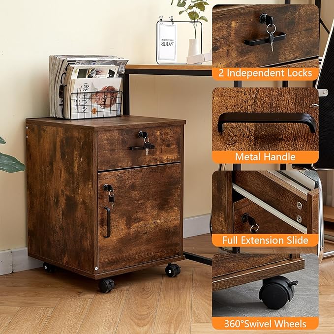 OFCASA 2 Drawer File Cabinet with Lock, Small Rolling Filing Cabinets for Home Office, Wood Under Desk File Cabinet with Wheels, Mobile Storage Organizer, Printer Stand for Letter/Legal, Rustic Brown