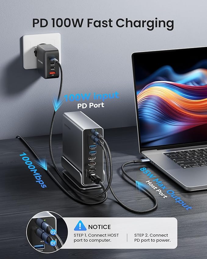 VENTION 15-in-1 Laptop Docking Station Dual Monitor, 360° Roatable Triple Monitor Docking Station with 2 * 4K HDMI and 1*DP, PD 100W Charging for Laptop, 10Gbps USB Port Transfer, RJ45, Audio, SD/TF