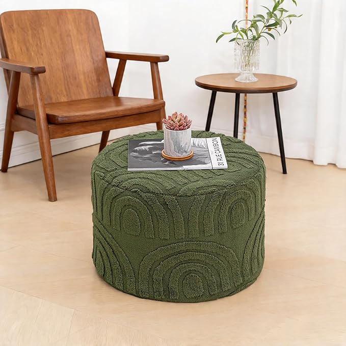 Asuprui Supportive Boucle Pouf Ottoman Foot Rest Elevate Your Living Room Decor with Lightweight Pouf Filler Modern Foam Stuffed Poof Perfect to Rest Your Feet (Deep Green, 20x20x14 Inches)
