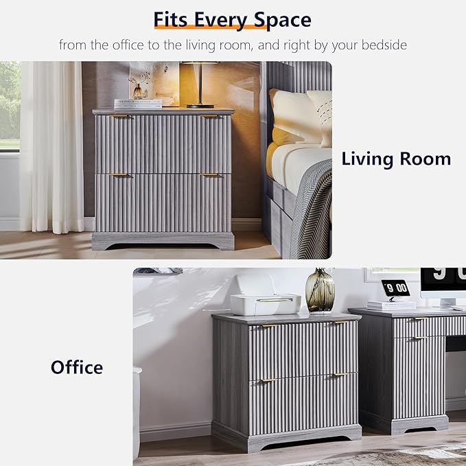 JXQTLINGMU 2 Drawer File Cabinet with Charging Station, 30" Fluted Lateral File Cabinet w/Files Hanging Rod for Letter/Legal/A4, Large Tabletop for Printer, Office Wood Printer Cabinets, Grey