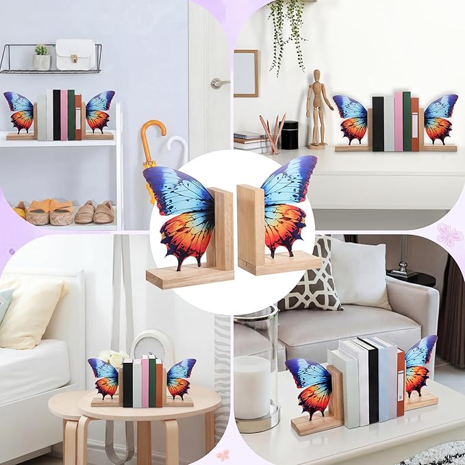 Decorative Butterfly Bookends Wooden Acrylic Butterflys Bookend Modern Bookshelf Decor Accent Book Stopper Decor for Home Farmhouse Shelves Office Lover Gift(Aglais Butterfly)