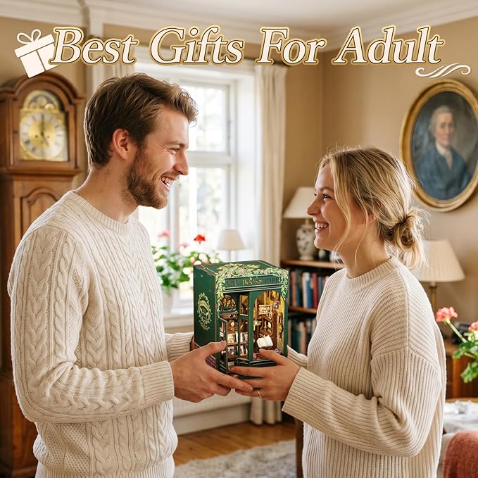 Fsolis Book Nook Kit, Booknook 3D Wooden Puzzles for Adults DIY Bookshop Model Diorama Bookshelf Miniature Kit Mini House Building, Gifts for Book Lovers Readers Book Worms（OWL Bookstore）